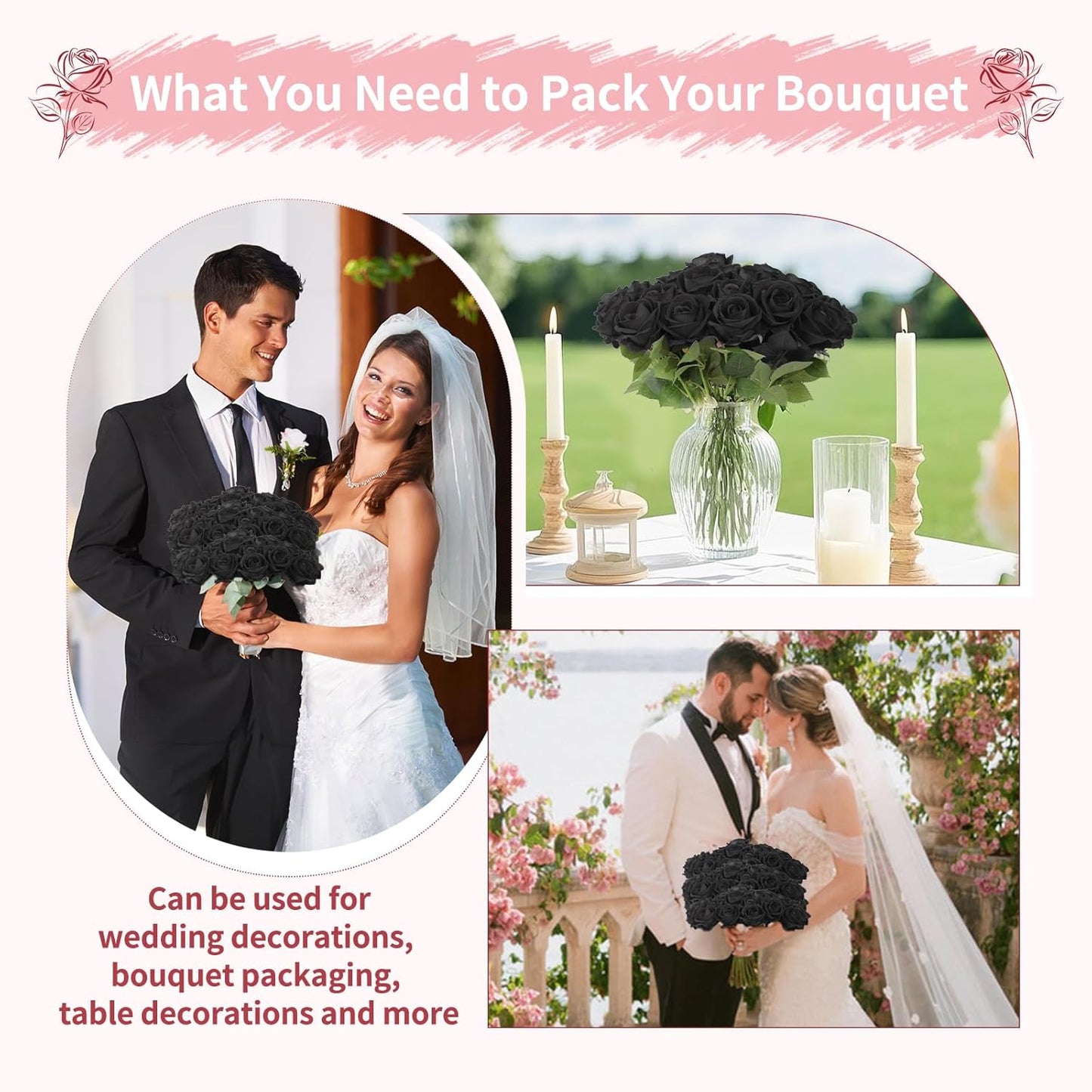 55 PCS Fake Roses Artificial Flowers Bulk, Black Roses Bridal Bouquet Silk Faux Rose with Stems for Wedding Flowers Decoration, Valentine's Day, Bridal Bouquet, Anniversary,Home Decor (55PCS, Black)