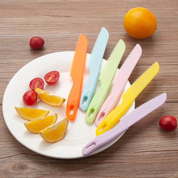 6 Pieces Plastic Kid Kitchen Knife Set, Reusable Nylon Chef Knife Children's Safe Cooking Knives for Baking, Fruit, Bread, Cake, Lettuce Knife, Salad Knife