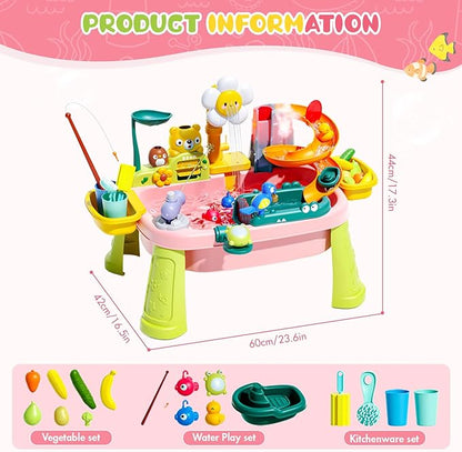 2026 Upgraded Toddler Sand Water Table Toy with Electric Water Pump, Kids Sand Water with Faucet/Play Food Accessories/Fishing Toy, Kitchen Play Sink Toys for Girl Boy Age 3+ (Pink)