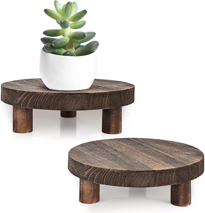 Yangbaga 2pcs Wooden Stool Display Stand, 8.46IN Round Plant Stand Wood-Flower Pot Supports Plant for Indoor Outdoor Home, GardenPatio Decorative
