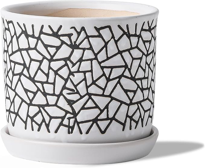 6 Inch Plant Pots: Ceramic Planter Pot with Drainage Hole & Saucer - Planters for Indoor/Outdoor Plants - Flower Pot with Bonded Tray for Home/Office - Tile Design Debossed