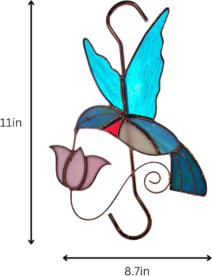 Plant Hanger Hook - Hummingbird with Pink Flower - Stained Glass Sun Catcher Plant Hook for Indoor and Outdoor Use - Copper S Hooks Top and Bottom