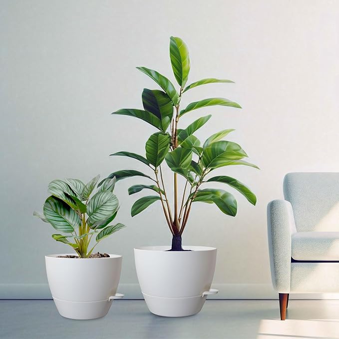 12/10/9 inch Large Self Watering Pots, Plant Pots with Mesh Drainage Holes for Indoor Outdoor Garden Plants, Flower Pots with Removable Deep Reservoir, Set of 3 Plastic Planters, White