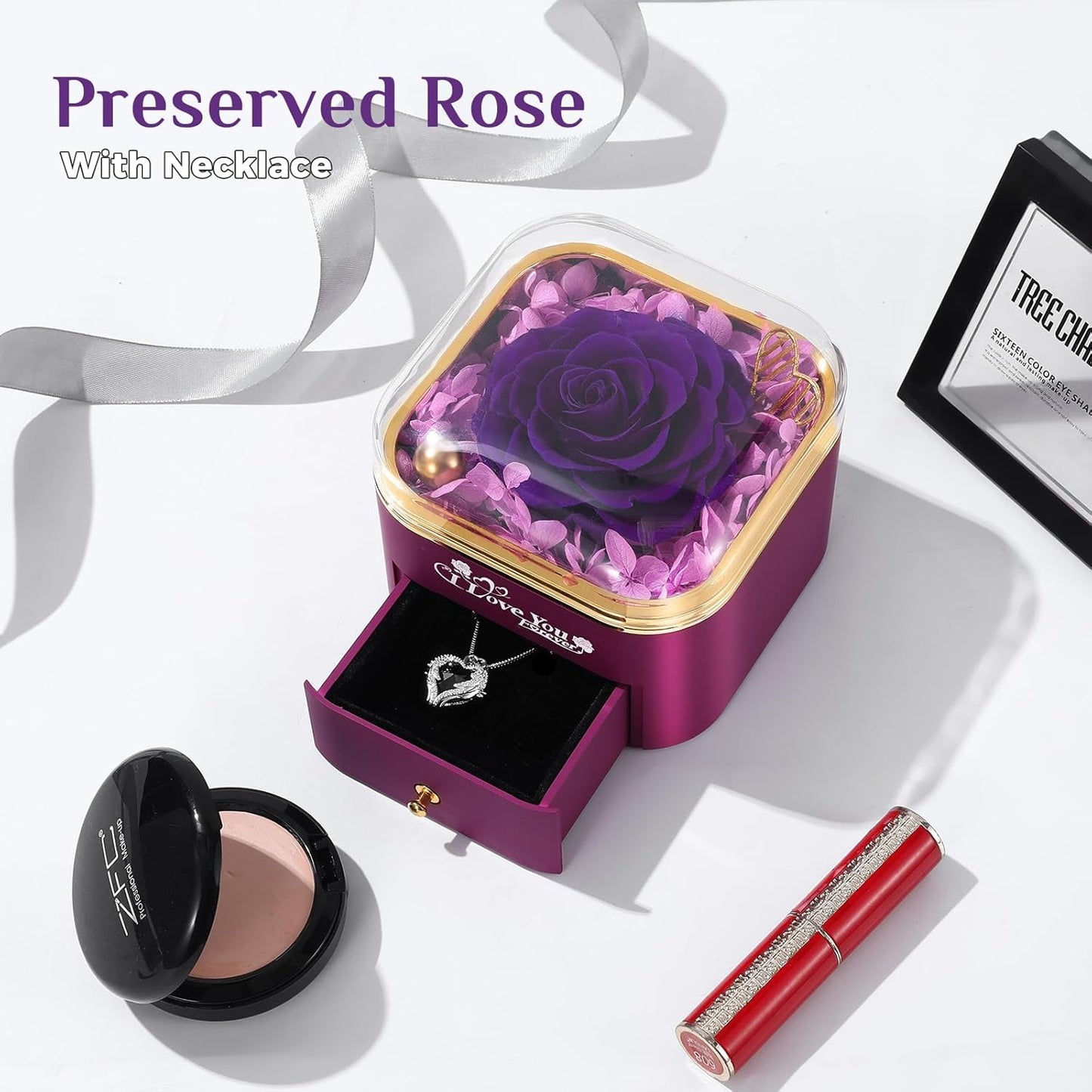 Mikasol Preserved Rose & Heart-Shaped Necklace with Jewelry Box - Preserved Rose, Ideal Romantic Gift for Women, Anniversary, Valentines, Purple, 4.9"x4.5"x4.3"