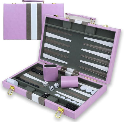 Backgammon Sets for Adults, 15 inch Backgammon Purple Sets Classic Board Game with Premium Leather Case, Portable Travels Strategy Backgammon Game Set for Adults, Kids (Purple)