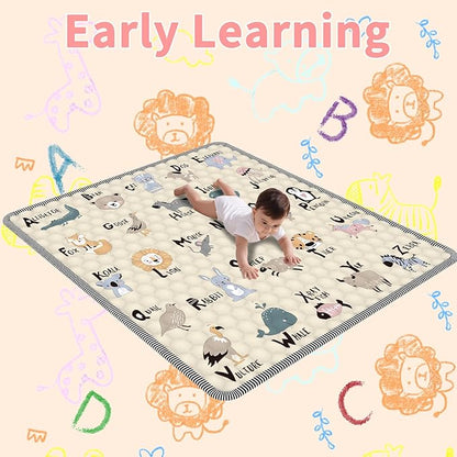 Baby Play Mat for Floor 59x71, Extra Large Soft Portable, Non-Slip Crawling Mat Machine Washable Foldable Playmate for Babies,Toddlers Indoor/Outdoor Use, Alphabet & Animal Design
