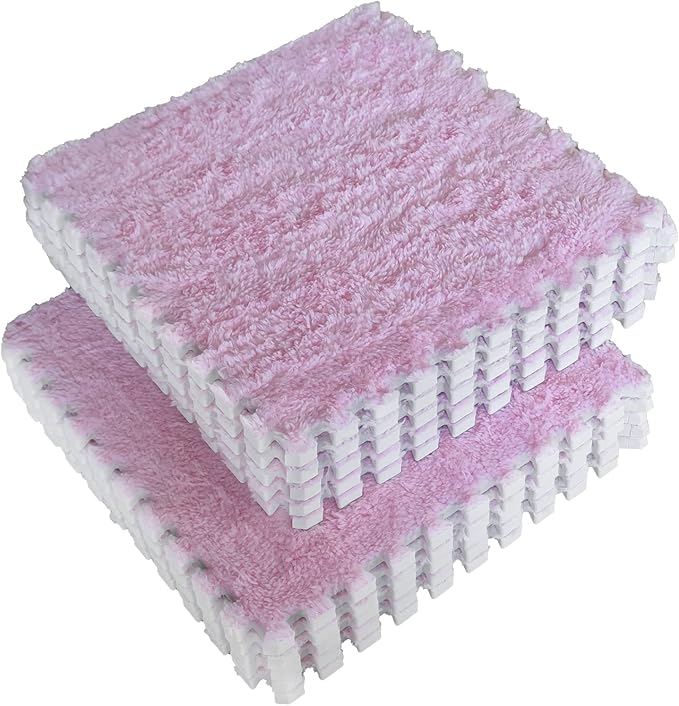 16pcs 0.6" Thickened Interlocking Tile Mats,Fluffy Shaggy Soft EVA Foam Area Rug for Living Room & Bedroom,Non-Slip Protective Floor Carpet Play Mat Kids Baby Dorm Home Decor (11.8ft, Pink)