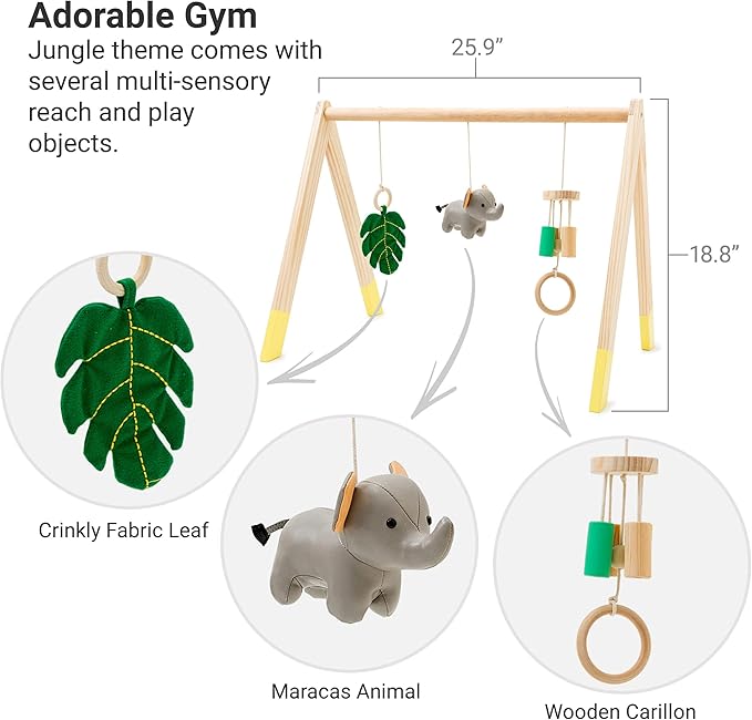 Little Big Friends Wooden Baby Activity Gym – Montessori Play Gym for Babies | Encourages Motor Skills & Sensory Development | Includes Crinkle Fabrics, Wooden Chimes & Hanging Toys – Jungle