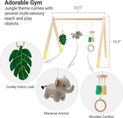 Little Big Friends Wooden Baby Activity Gym – Montessori Play Gym for Babies | Encourages Motor Skills & Sensory Development | Includes Crinkle Fabrics, Wooden Chimes & Hanging Toys – Jungle