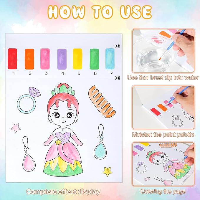 Paint with Water Coloring Books for Kids,Princess Art Craft Kit No Mess Water Color Painting Sets for Kids Ages 4-8,Birthday Gifts Travel Toy Crafts Supplies Kits for Girls Boys Drawing with 2 Brushes