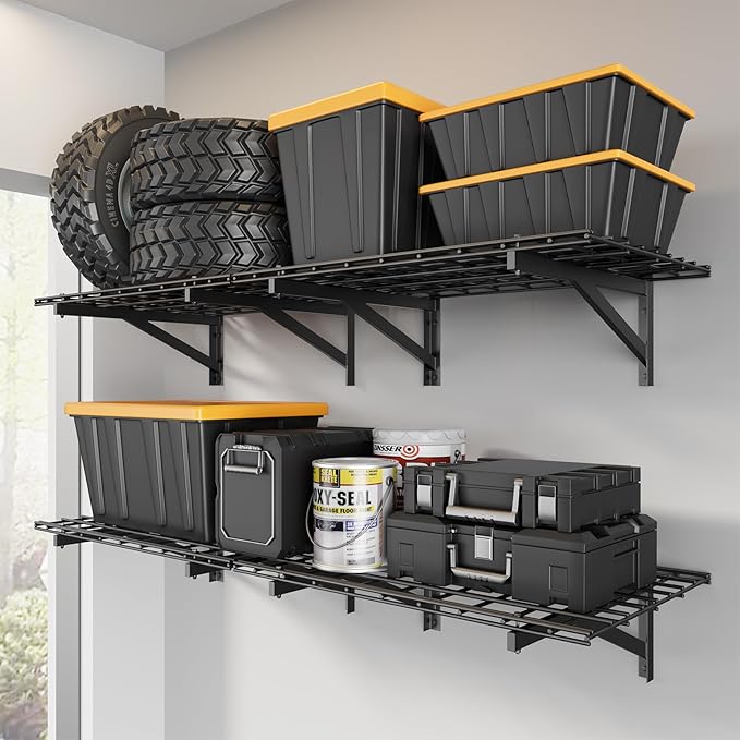 4 Pack Heavy Duty Garage Wall Shelving Set (2x3ft), Wall Mounted Garage Shelves 1000lbs Capacity, 24"x72" Shelf Storage Rack Floating Shelves, Black