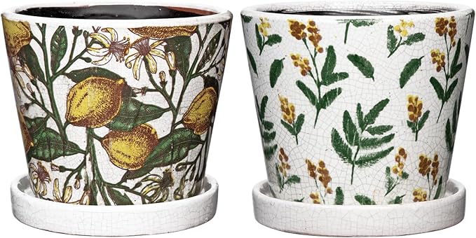 5.5 Inch Decorative Plant Pots, Round Ceramic Planters for Indoor Plants Pots with Drainage Hole Saucers, Lemon Green Leaves Ceramic Flower Pots Retro Planter Pot for Succulents Cactus Outdoor Garden