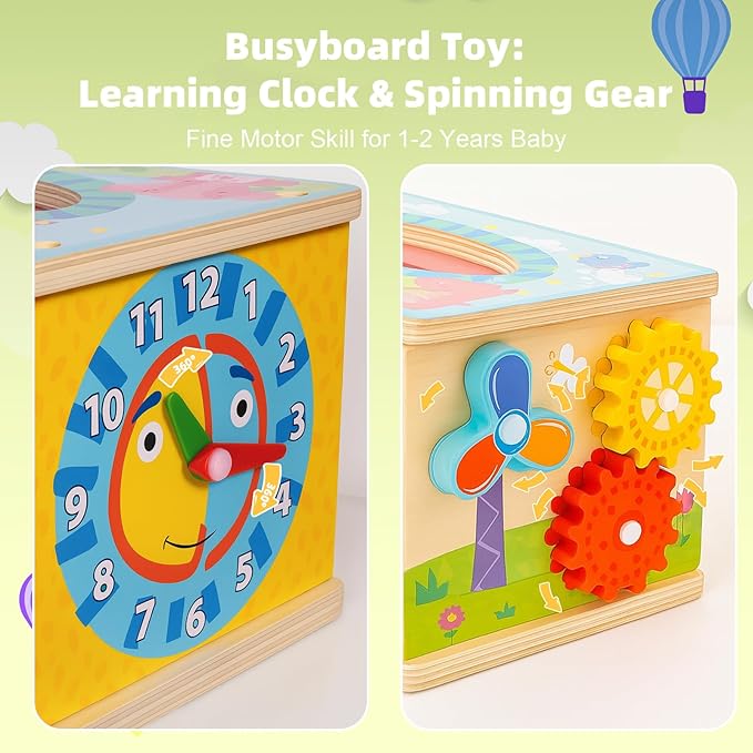 6-in-1 Montessori Baby Tissue Box Toy, Wooden Activity Cube for 6+ Months, Color & Shape Sorter Puzzles Sensory Toys for 12-18 Months. Baby Early Education Fine Motor Skills Gift for Toddlers 1-3