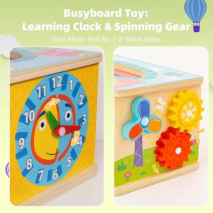 6-in-1 Montessori Baby Tissue Box Toy, Wooden Activity Cube for 6+ Months, Color & Shape Sorter Puzzles Sensory Toys for 12-18 Months. Baby Early Education Fine Motor Skills Gift for Toddlers 1-3