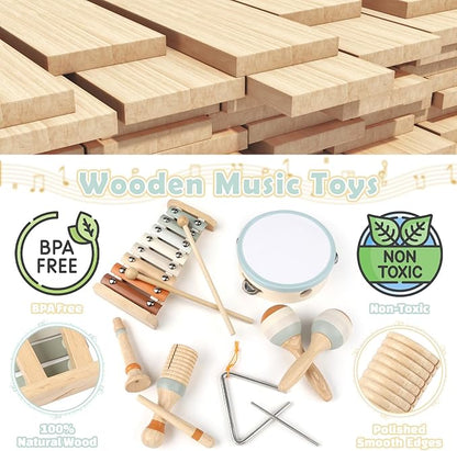 Vanplay Montessori Toys - 6 in 1 Wooden Musical Instruments for Toddlers 1-3, Infant Music Toy for Babies with Boho Xylophone for Boy & Girls Easter Birthday Gifts for 1-2