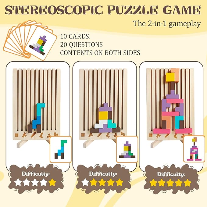 Wooden Stacking Puzzle Toy, 3D Russian Block Puzzle Jigsaw Puzzle, Stress Montessori Toy for Boys and Girls Board Game Educational Toys for Toddlers Brain Teasers for Toddlers 3-6 Years