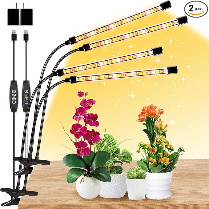 Full Spectrum LED Grow Light for Indoor Plants, 2Heads Grow Lights for Seed Starting, 10 Dimmable Levels & 3 Timer Modes (3/9/12H), Adjustable 360° Gooseneck with Clip, Plant Grow Light 2 Pack