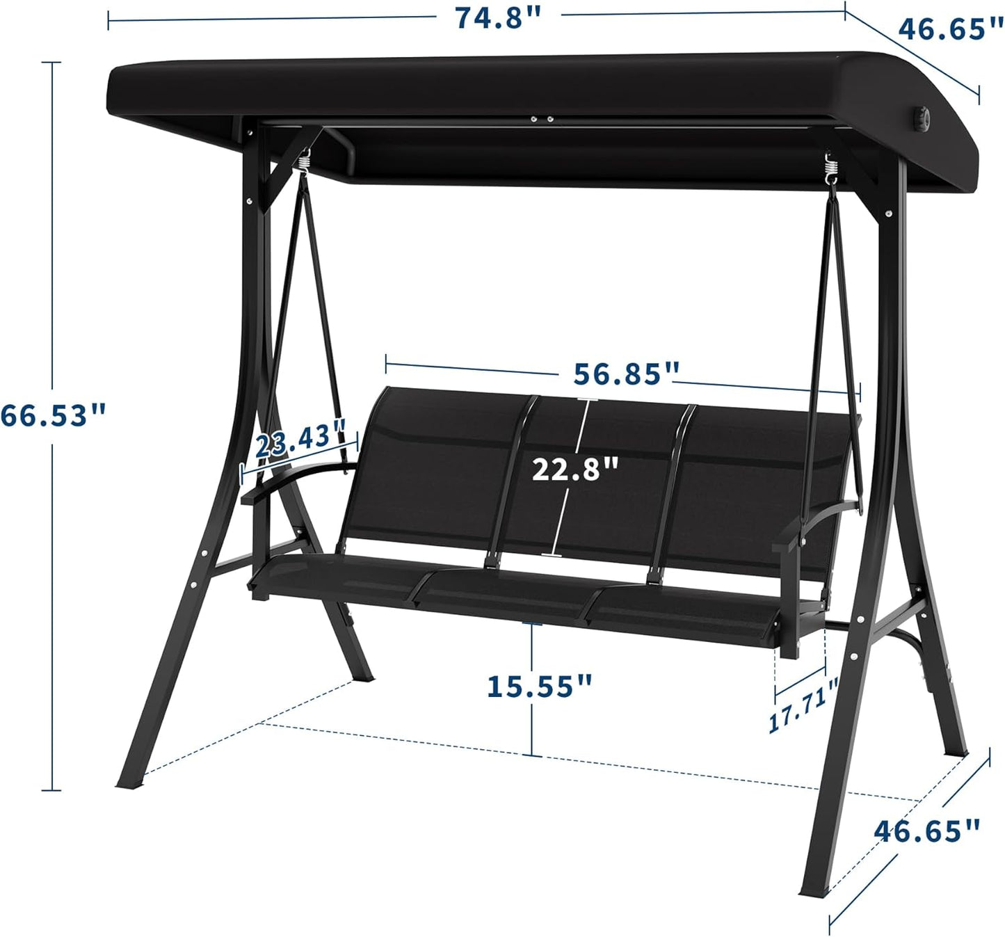 3-Seat Outdoor Patio Swing Chair, Porch Hanging Chairs with Adjustable Canopy, Armrests and Breathable Textilene Fabric, Hanging Swing Bench for Garden, Poolside, Backyard – Black