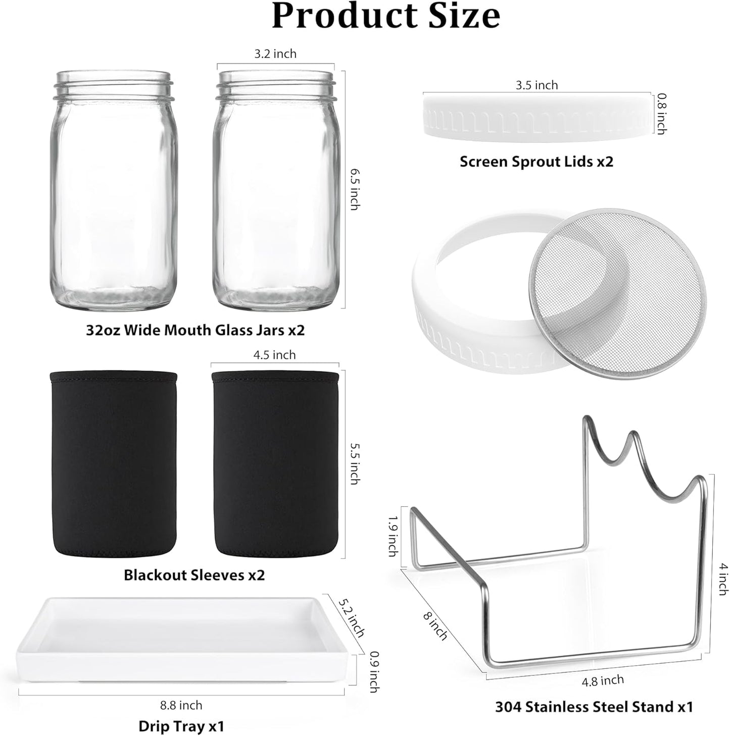 Organic Seed Sprouting Jar Kit – 2 × 32 oz Wide-Mouth Mason Jars with Stainless-Steel Sprouter Lids & Stand, Blackout Sleeves, Drain Tray – Grow Broccoli, Alfalfa & Bean Microgreens