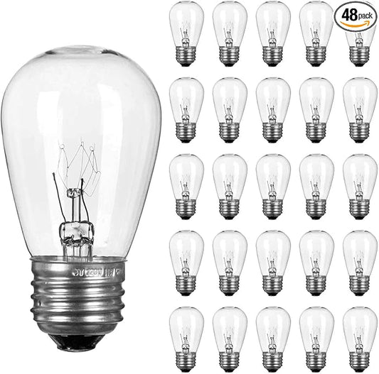 Moonflor 48 Pack S14 Light Bulbs, 11 Watt Warm Commercial Grade Replacement Incandescent Glass Bulbs with E26 Medium Base for Outdoor Patio Garden Vintage String Lights