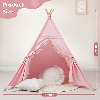 Sumbababy Teepee Tent for Kids Indoor – Cotton Canvas Play Tent with Tassel Trim, Foldable Toddlers Tent for Girls, Ideal Gift with Star Lights, Banner & Carry Bag (Pink)