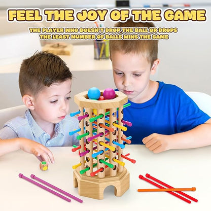 Montessori Wooden Board Game for Kids 3-6 Years - Educational Learning Toy with Colorful Sticks, Dice& Balls - Fine Motor Skills, Classic Tower Games for Family Night - Gift for Toddlers Boys Girls