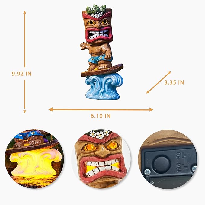 Solar Tiki Statue Outdoor Decor-Tiki Bar Decor-Garden Tiki Surfing Statues Waterproof Decoration Figurine for Tiki Bar,Patio,Balcony,Yard,Lawn,Table,Desk 9.92 Inches Tall