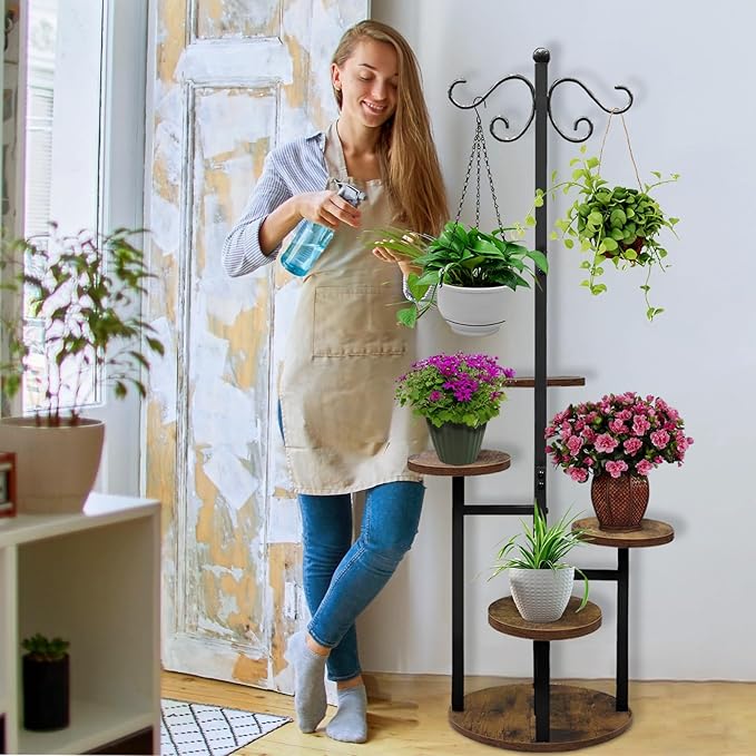 Plant Stand Indoor Outdoor, 4 Tier Hanging Plant Stands, Multiple Plant Display Rack Flower Pot Stand,61'' Tall Metal Plant Holder for Living Room Balcony Garden Patio Black