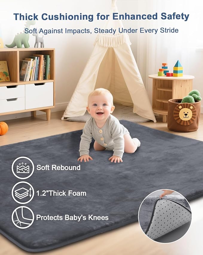 Thick Baby Play Mat for Floor,Padded Foam 59x39 Nursery Rug,Ultra Soft Support & Plush Feel Tummy Time Mat,Non Slip for Toddler,Infants,Kids Play,Yoga,Baby Crawling (Dark Grey)