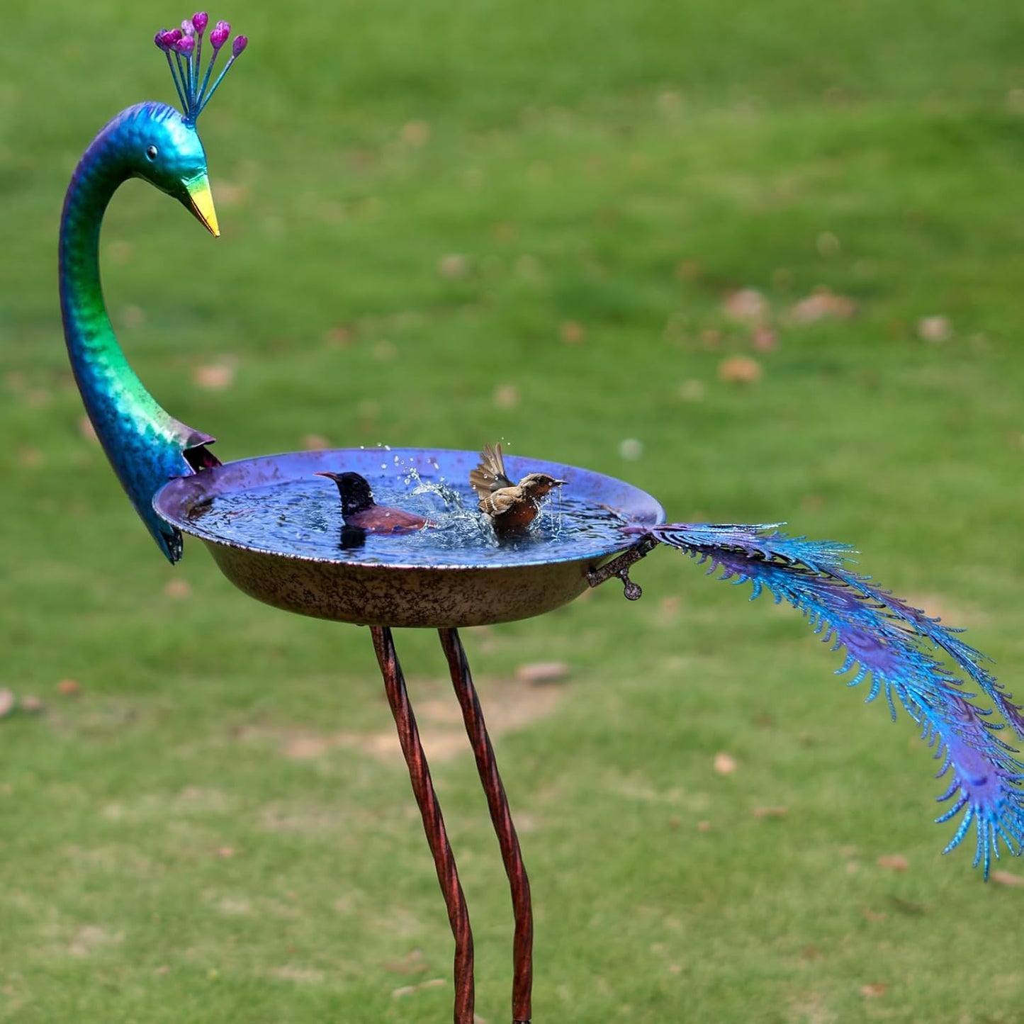 12.8" W*38.2" H Peacock Bird Baths for Outdoor, Metal Bird Feeder Seed Trayr,Bird Bath Drinker Plate, Garden Lawn Yard Decor(Multicolor)