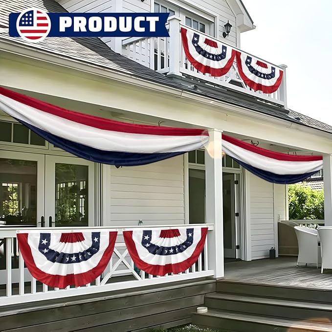 3Pack USA Pleated Fan Flag, 2x4 Feet American Bunting 4th of July Decorations Flags Patriotic Decor Embroidered Stars & Sewn Stripes Canvas Header Brass Grommets for Outside Porch Garden