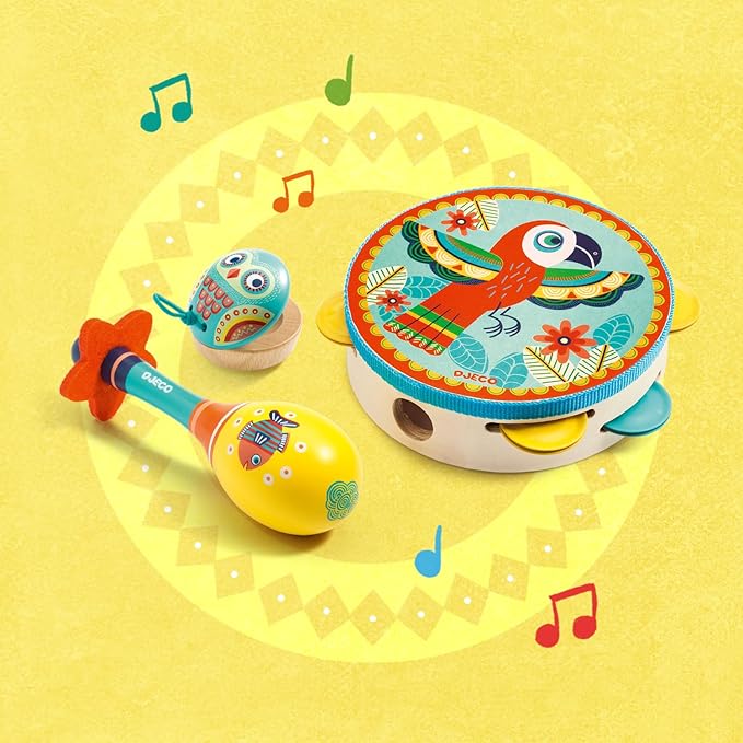 DJECO Animambo Tambourine, Maraca, Castanet Music Instrument Set - Cute Parrot, Fish & Owl Design Toddler Educational Musical Toy for Creativity & Rythym - Toys for 3+ Years Girls & Boys