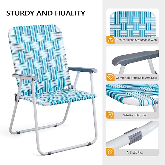 VINGLI Patio Lawn Webbed Folding Chairs Outdoor Beach Portable Camping Chair for Yard, Garden (2, White & Blue, Oversized)