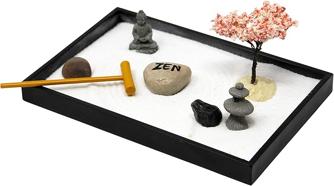 Nature's Mark Mini Zen Garden Kit for Desk with Rake, White Sand, Buddha, Lantern, Black Rectangle Base, River Rocks and Mini Blossom Tree (8Lx5W C)