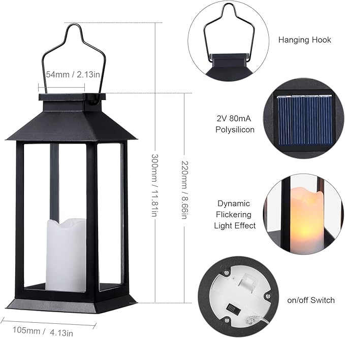 2 Pack Solar Lanterns, Outdoor Garden Hanging Lanterns, 11.8 Inch LED Flickering Flameless Candle Mission Lights for Yard, Table, Patio (Black)