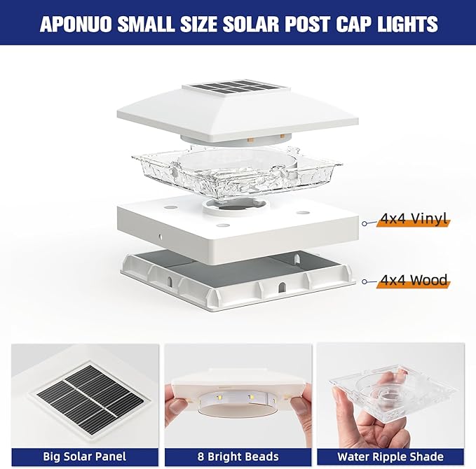 APONUO Solar Post Cap Lights for 4x4 Wood & Vinyl Posts, IP44 Waterproof Cool White LED 4x4 Post Solar Lights, Outdoor Garden Patio Yard Decor, 12 Pack (White)