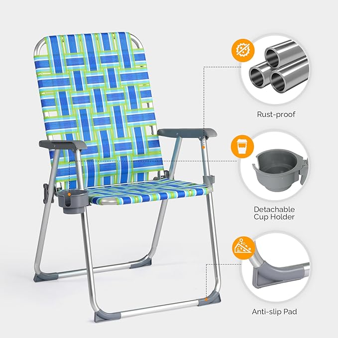 VINGLI Aluminum Patio Lawn Chairs Folding Set of 2 with Detachable Cup Holder, Webbed Beach Chair Folding Chair Outdoor Portable Camping Chair for Yard, Garden Blue alulawnchair