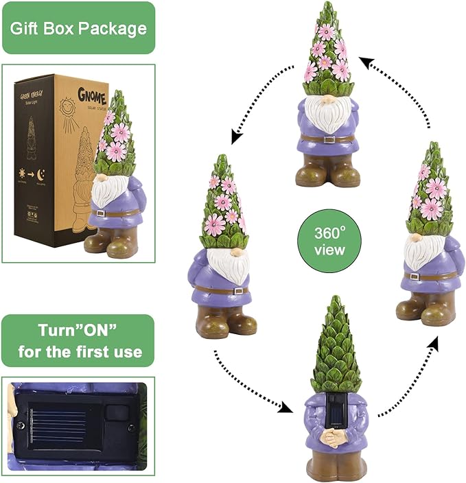 Nacome Solar Garden Outdoor Statues Gnome with Succulent and 7 LED Lights - Lawn Decor for Patio, Balcony, Yard Ornament - Unique Housewarming Gifts