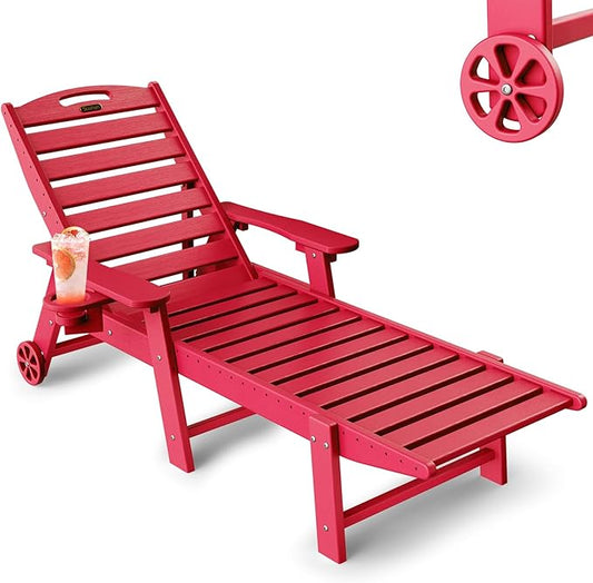 Chaise Lounge Chair Outdoor with Wheels, 6-Position Adjustable HDPE Chaise Lounge Chair with Cup Holder, Outdoor Chair for Pool Poolside Deck Backyard Patio, Red