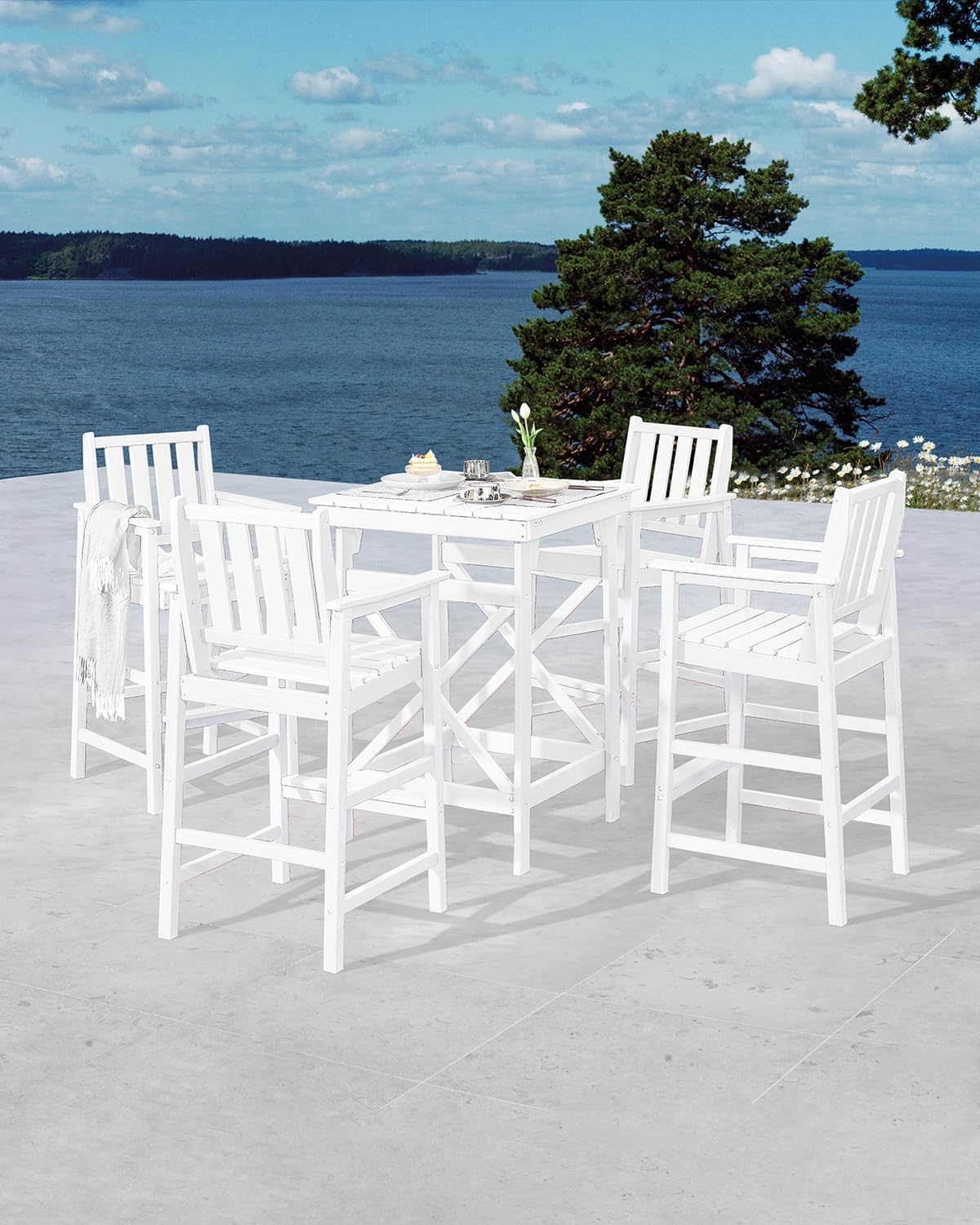 5 Pieces Adirondack Bar Chairs Set, HDPE Patio Bar Height Table and Chairs, Tall Adirondack Outdoor Bar Stools Set, HDPE Patio Bar Sets Furniture for Garden, Poolside, Bistro, Pearl