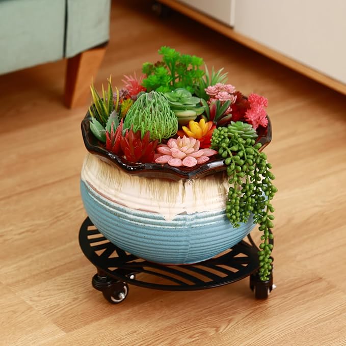 2 Packs Large Metal Plant Caddy with Wheels 14” Heavy-Duty Wrought Iron Rolling Plant Stands with Casters Indoor and Outdoor Plant Pot Roller Base Plant Saucer Movers Black