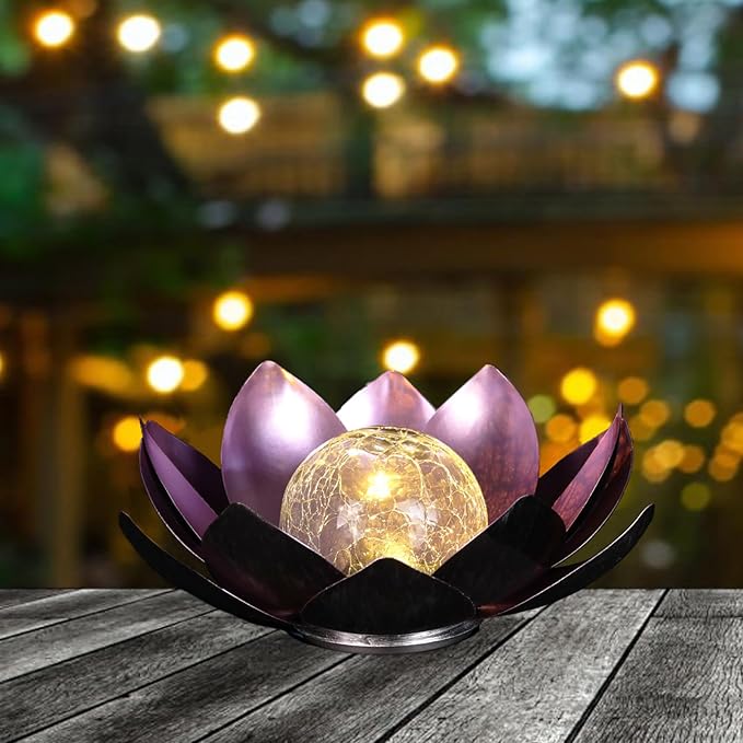 12 inches Solar Lights Outdoor Garden, Crackle Globe Glass Lotus Decoration, Waterproof LED Metal Flower Lights for Patio,Lawn,Walkway,Tabletop,Ground Gardening Gifts (Purple)