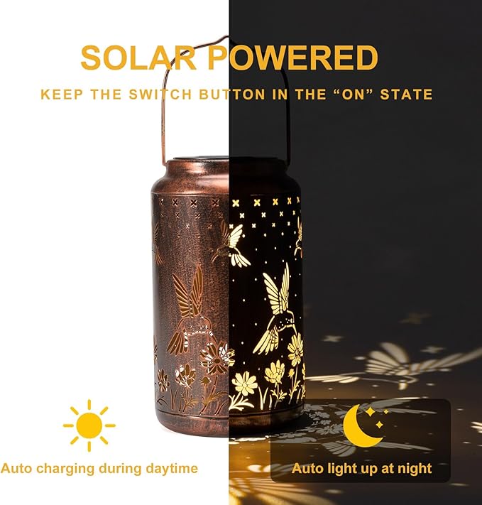 pearlstar Hummingbird Lantern Hanging Solar Lights Outdoor Decorative Solar Lantern Waterproof for Table Patio Yard Garden Lawn Landscape Lighting, Gardening Gifts for Women Mom (Hummingbird-B)