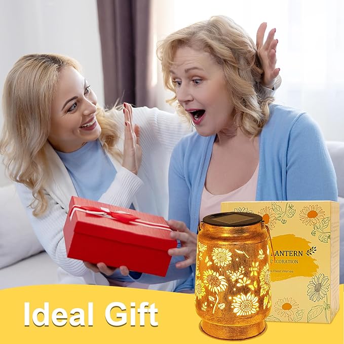 2 Pack Solar Lanterns Outdoor Garden Decor with Shepherd Hook, Gardening Gifts for Mom Grandma Women Sunflower Metal Decor Lantern Waterproof Solar Lights LED Decorative for Garden Yard Patio