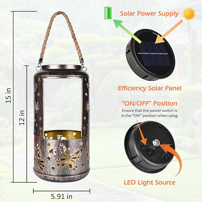 Solar Lantern Outdoor Hanging Lights. Butterfly Metal Decorative Lantern. Waterproof LED Decorative Garden Lamp. Used for Exquisite Garden Decoration for Yard, Terrace, Lawn, Desktop, Balcony...