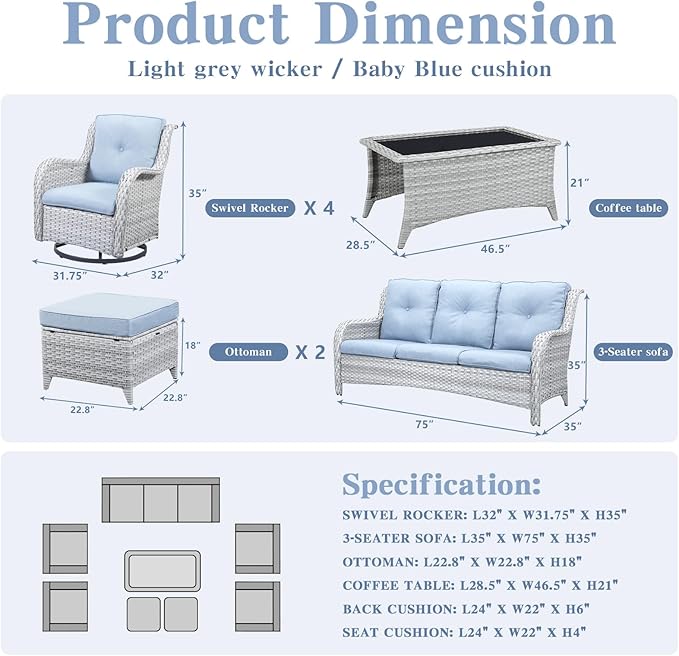 Wicker Patio Furniture Sets - 8 Piece Outdoor Rattan Furniture Conversation Sets with 4 Swivel Rocker Chairs, Rattan Sofa, Wicker Ottomans and Coffee Table, Light Grey/Baby Blue