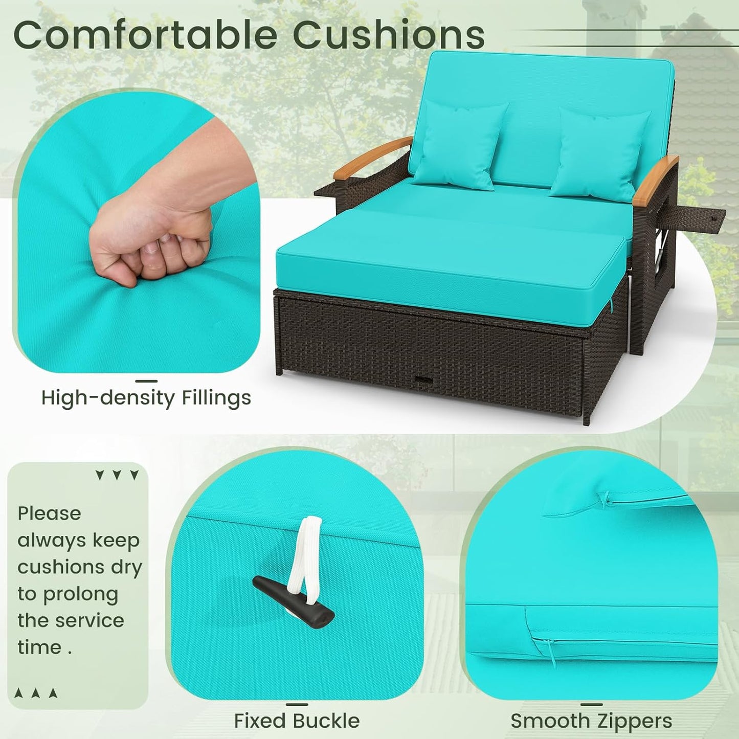 Tangkula Patio Rattan Daybed Set with Cushioned Loveseat and Storage Ottoman, Outdoor Double Chaise Lounger with 4-Level Adjustable Backrest and Retractable Side Trays for Backyard (Turquoise)