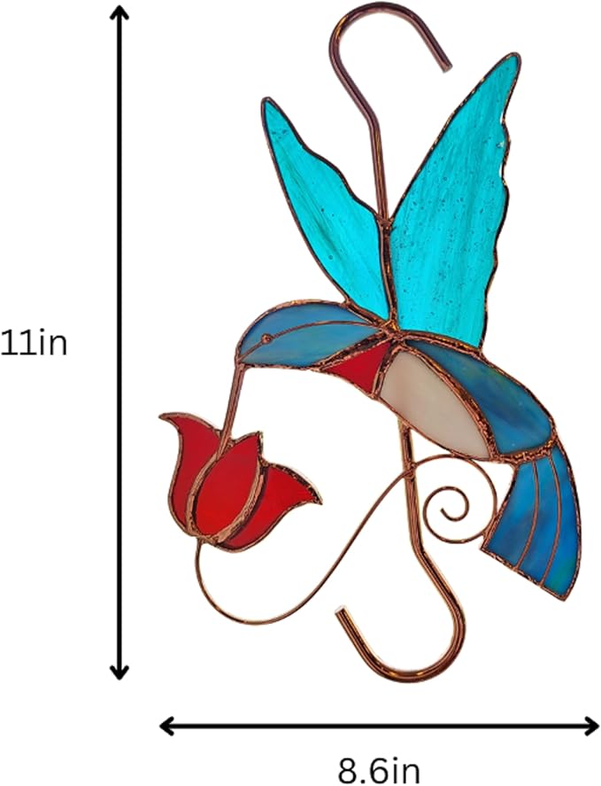 Stained Glass Window Plant Hanger - Hummingbird with Red Flower - Sun Catcher Plant Hook with Copper Hooks Top and Bottom for Indoor and Outdoor Use