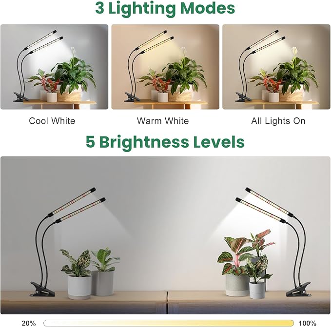 Garpsen Grow Lights, 2PCS 2 Heads Full Spectrum Plant Lights for Indoor Plants, 80 LEDs Clip Led Grow Lamp with Auto on/Off Timer Setting(6/12/16H), 5 Level Dimmable(660nm/3000K/6000K)