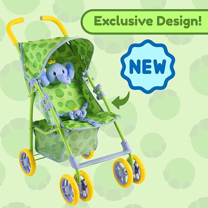 Baby Doll Stroller for Toddlers 1-3, Pillow Animal Toy Stoller for Dolls, Green Folding Baby Toy Stroller for Dolls, Foldable Baby Stroller Toy for Girls, for Kids (Elephant)